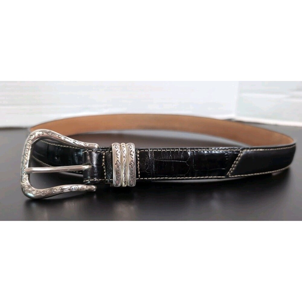 BRIGHTON BLACK REPTILE BELT B30023 SILVER TONE BUCKLE Size Med/Large 32 USA EUC